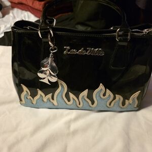 Lux de Ville Black Patent Satchel with Blue Flame Accent